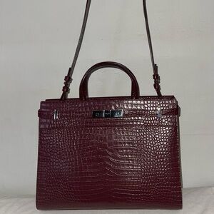 Saint Laurent Top Handle Elegant Wine Burgundy Croc Embossed Leather Handbag